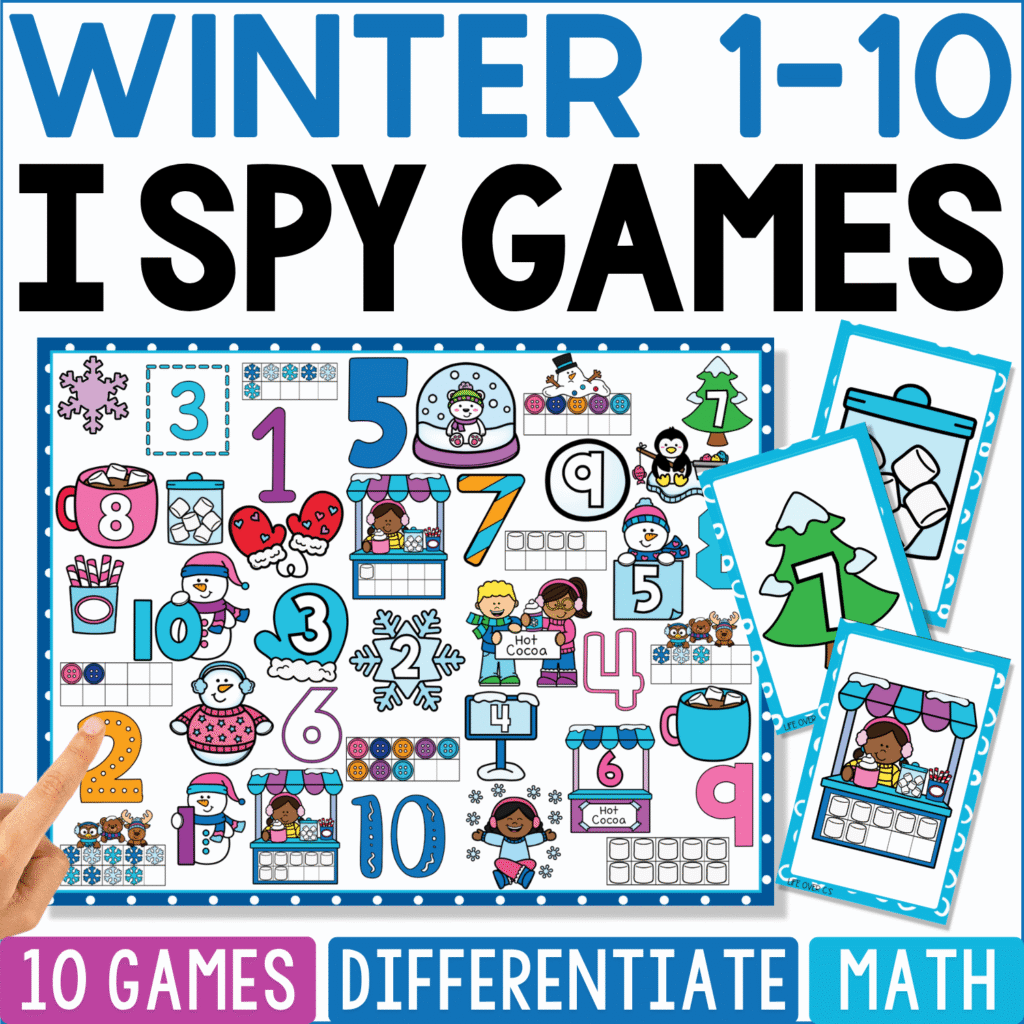 Winter Counting 1-10 I Spy math game cover with numerals, ten frames, snowflakes, penguins, snow globes, winter children, mittens, hats, mugs, and winter market pictures.