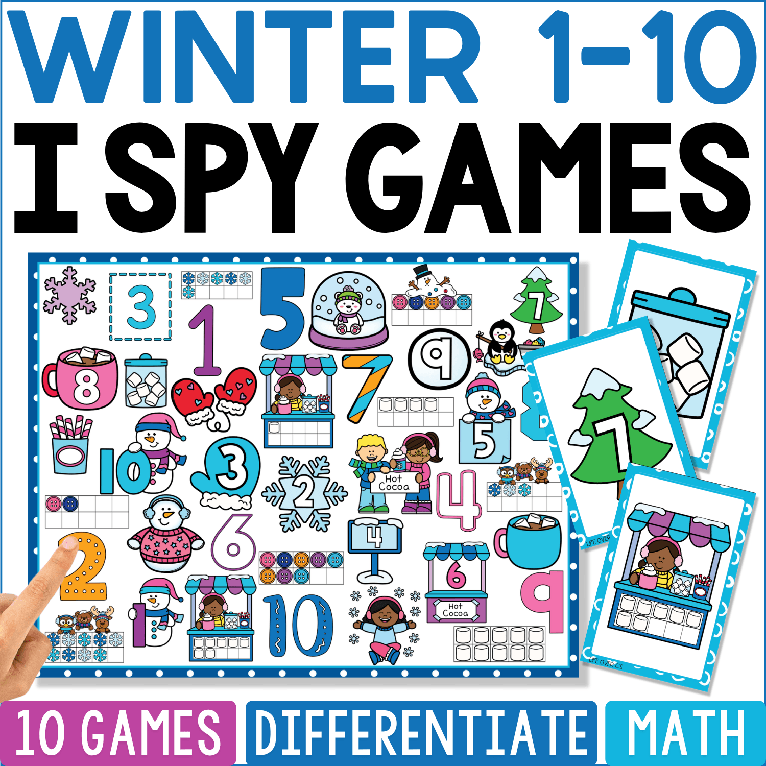 Winter Counting 1-10 I Spy math game cover with numerals, ten frames, snowflakes, penguins, snow globes, winter children, mittens, hats, mugs, and winter market pictures.