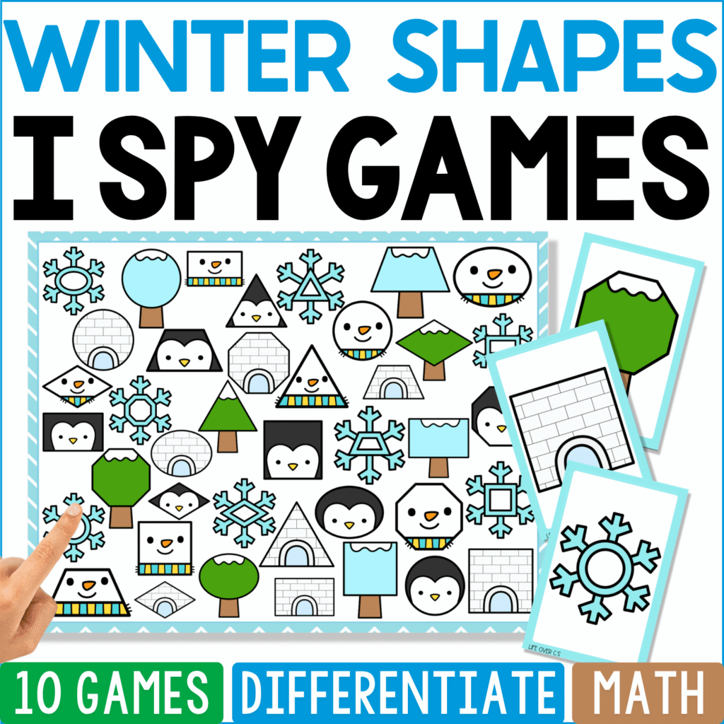 Winter Shapes I Spy math game cover featuring snowflakes, penguins, igloos, snowmen, trees, sweaters, and winter pictures formed with circles, squares, triangles, rectangles, and other 2D shapes.
