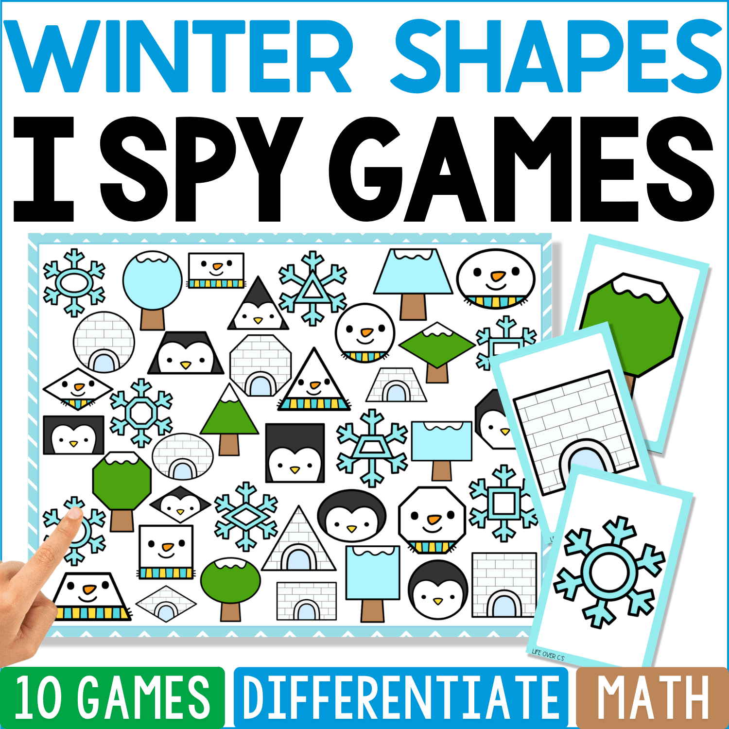 Winter Shapes I Spy math game cover featuring snowflakes, penguins, igloos, snowmen, trees, sweaters, and winter pictures formed with circles, squares, triangles, rectangles, and other 2D shapes.