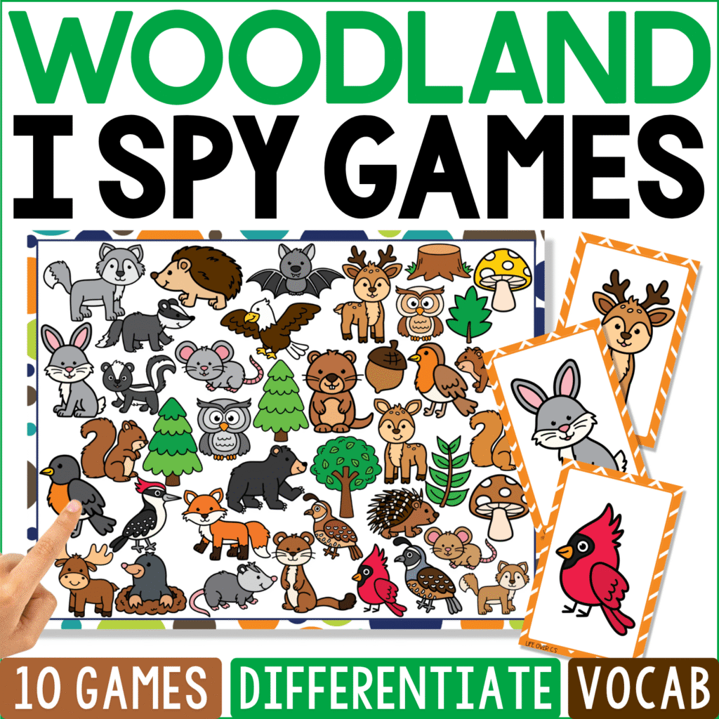 Woodland I Spy Games cover features forest animals such as deer, rabbits, squirrels, foxes, bears, raccoons, owls, cardinals, hedgehogs, and bats among pine trees, mushrooms, logs, leaves, and woodland plants.