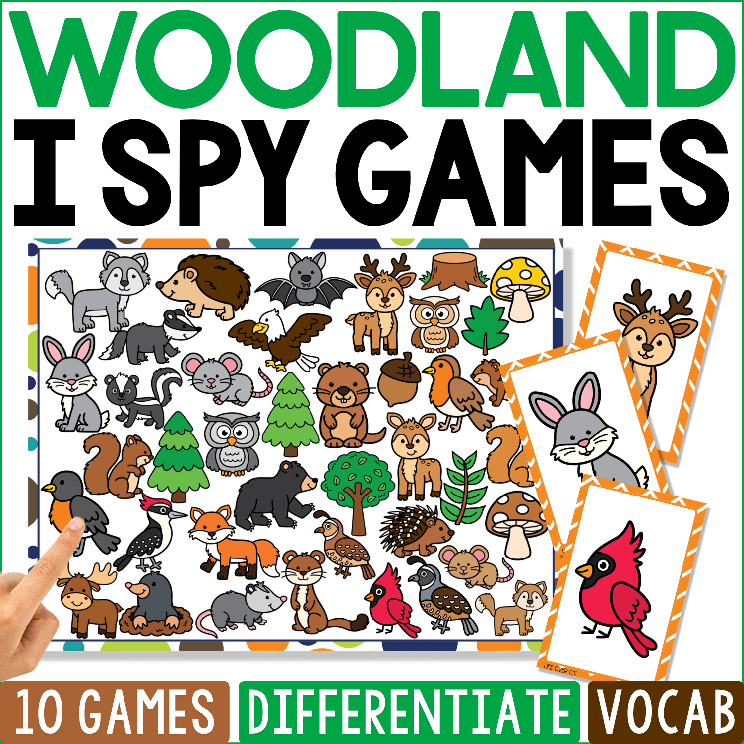 Woodland I Spy Games cover features forest animals such as deer, rabbits, squirrels, foxes, bears, raccoons, owls, cardinals, hedgehogs, and bats among pine trees, mushrooms, logs, leaves, and woodland plants.