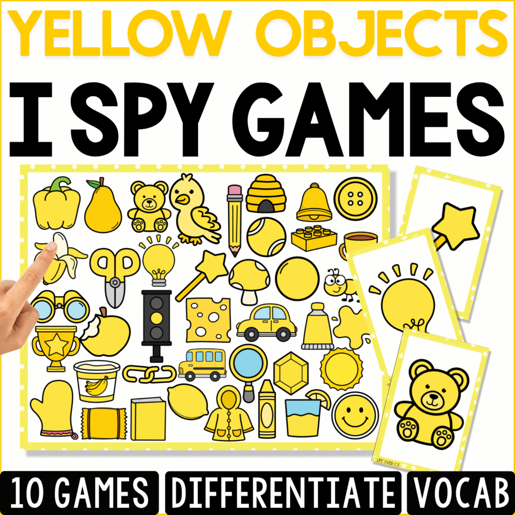 Yellow Objects I Spy game cover with a visual discrimination board filled with yellow objects including a duck, star, pencil, bell, car, teddy bear, lemon, sun, and light bulb.