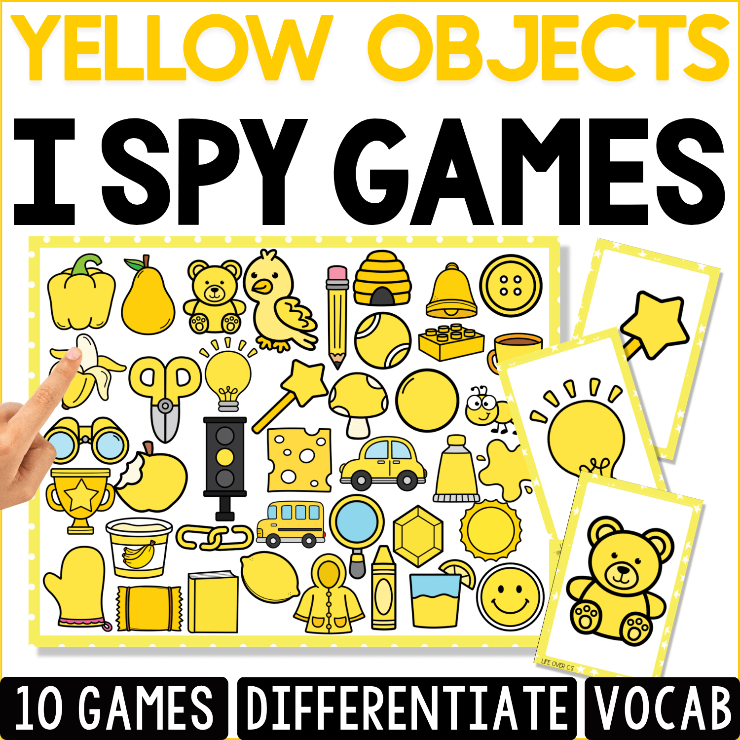 Yellow Objects I Spy game cover with a visual discrimination board filled with yellow objects including a duck, star, pencil, bell, car, teddy bear, lemon, sun, and light bulb.