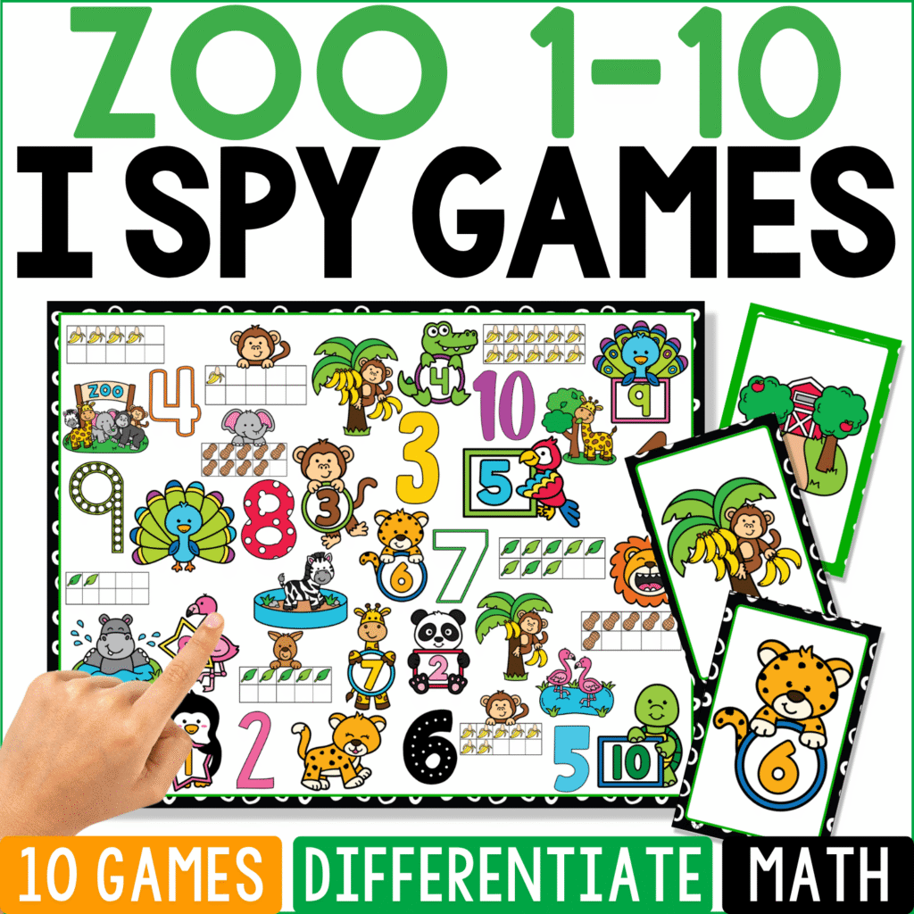 Zoo Counting 1-10 I Spy math game cover featuring numerals, ten frames, and groups of zoo animals including lions, elephants, monkeys, peacocks, alligators, and flamingos.