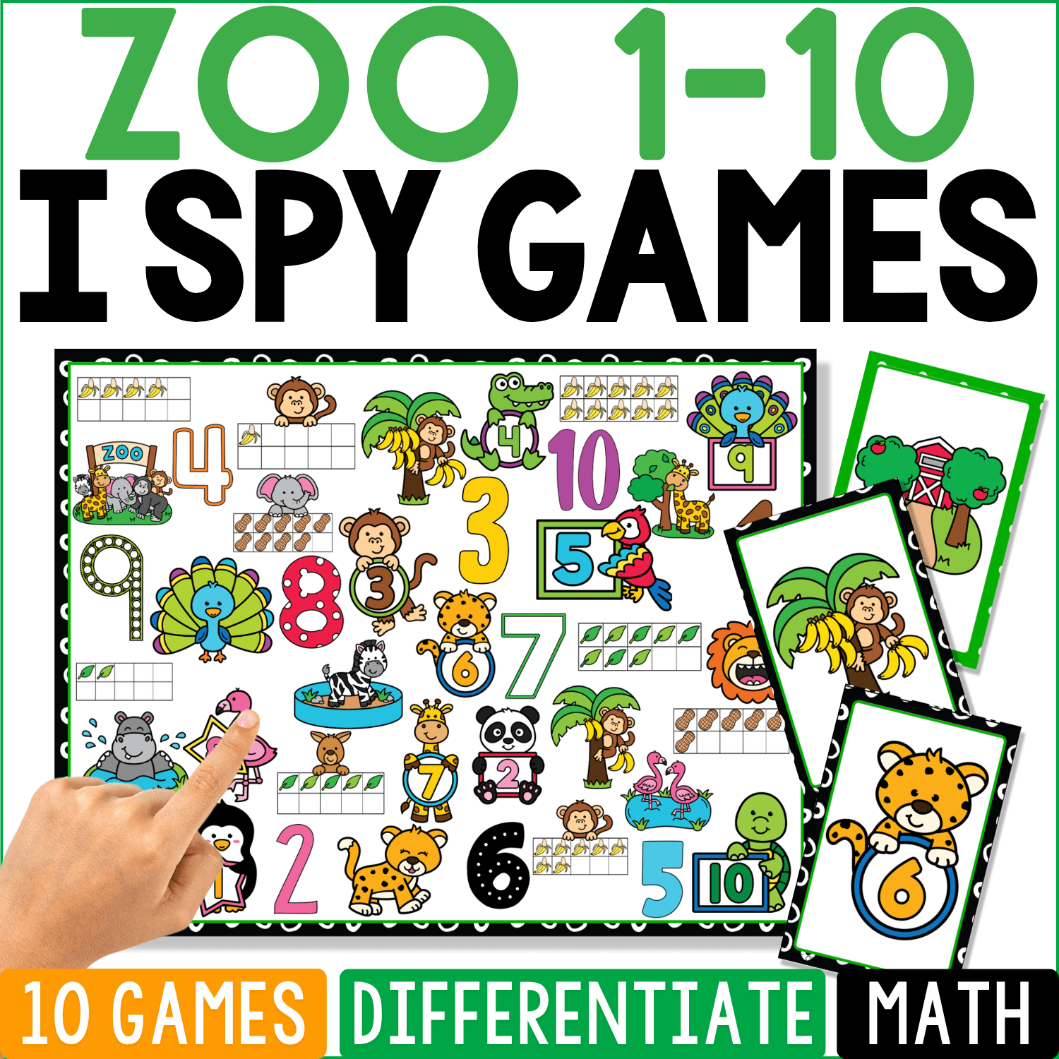Zoo Counting 1-10 I Spy math game cover featuring numerals, ten frames, and groups of zoo animals including lions, elephants, monkeys, peacocks, alligators, and flamingos.