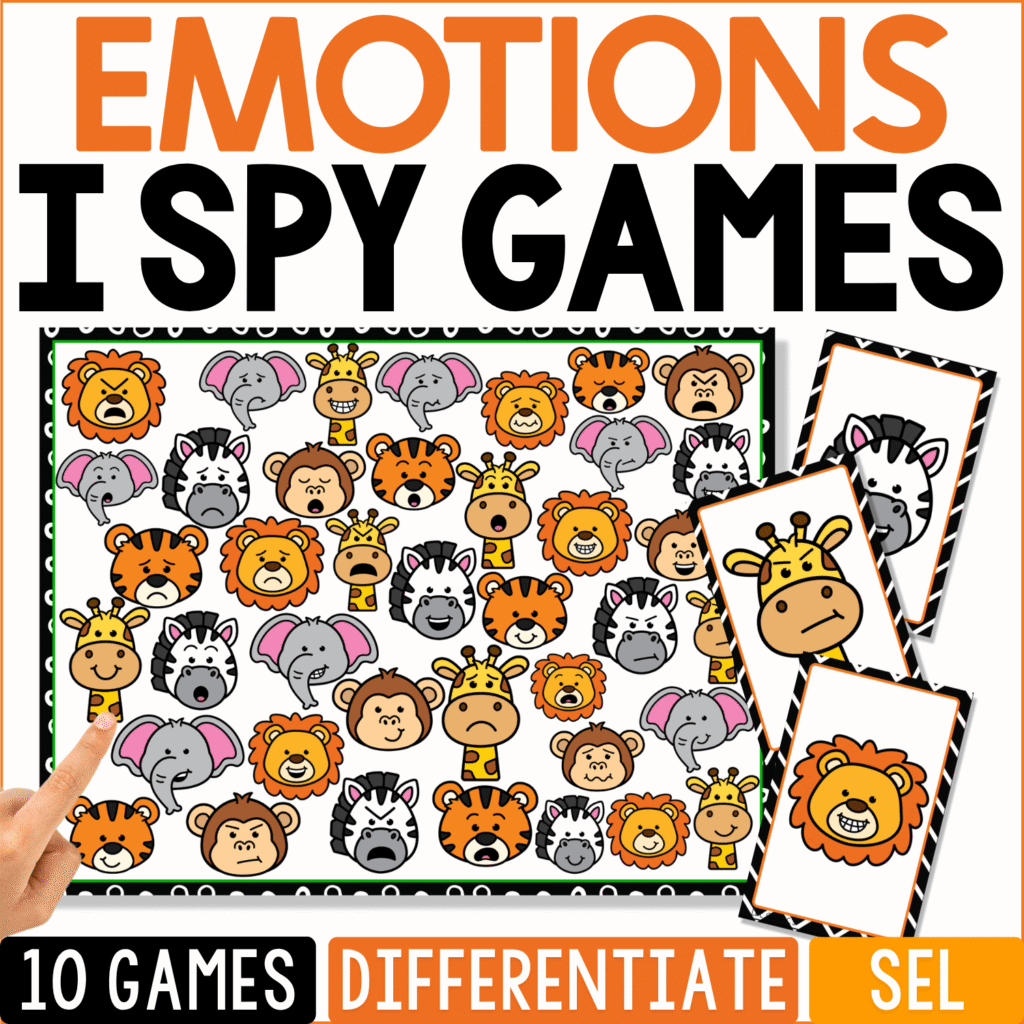 Zoo Emotions I Spy game cover with lions, zebras, elephants, giraffes, monkeys, and tigers showing different facial expressions for emotions, SEL, and visual discrimination practice.