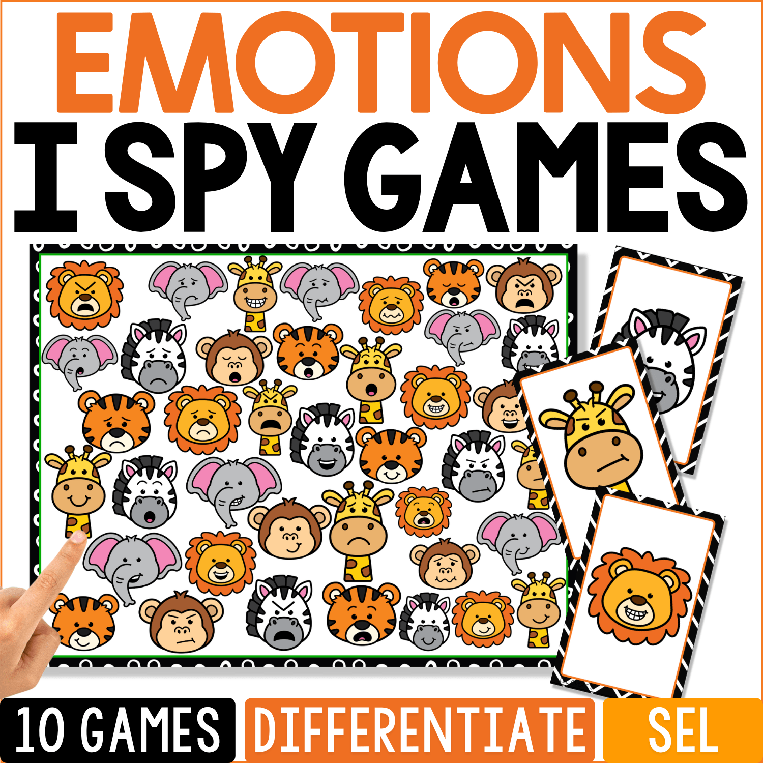 Zoo Emotions I Spy game cover with lions, zebras, elephants, giraffes, monkeys, and tigers showing different facial expressions for emotions, SEL, and visual discrimination practice.