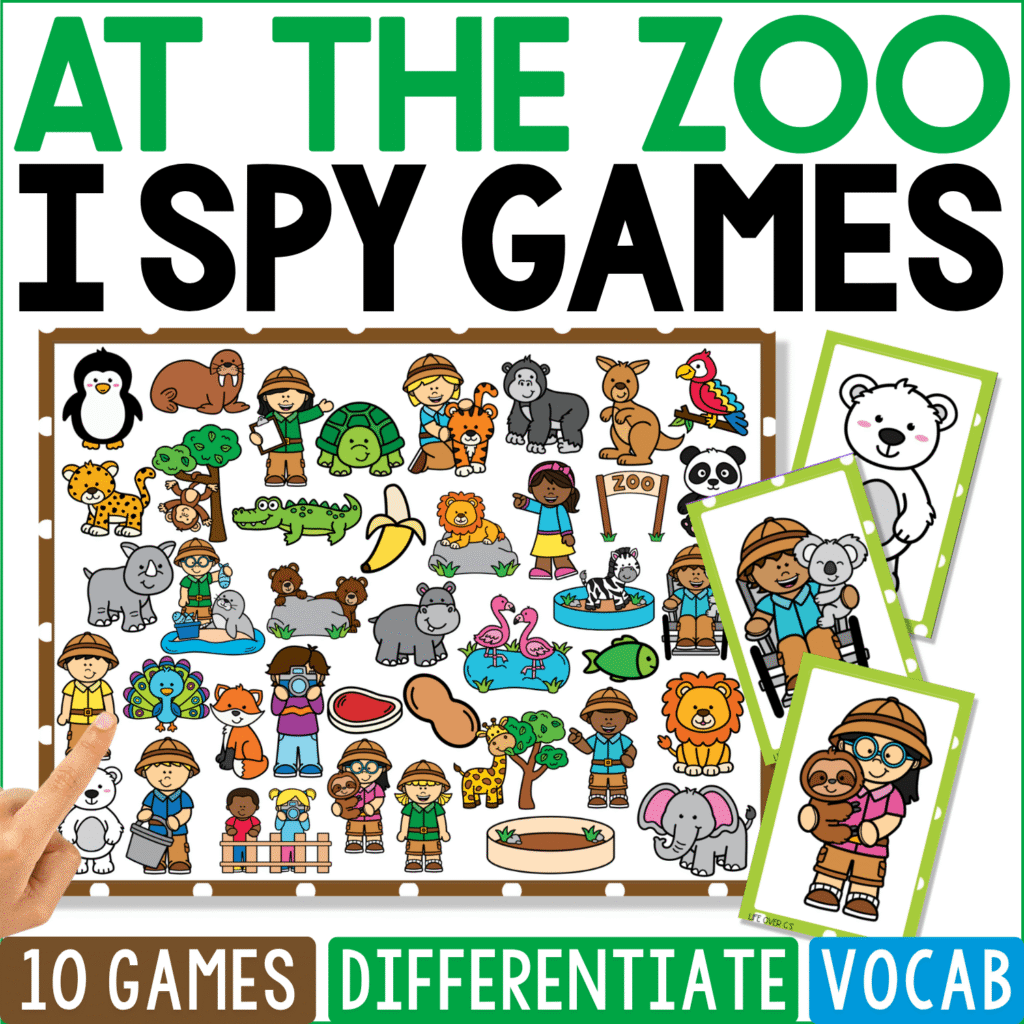 At the Zoo I Spy Games cover blends zoo animals with the people and places children might see on a zoo visit, including keepers, visitors, lions, elephants, giraffes, penguins, monkeys, signs, enclosures, and feeding scenes.