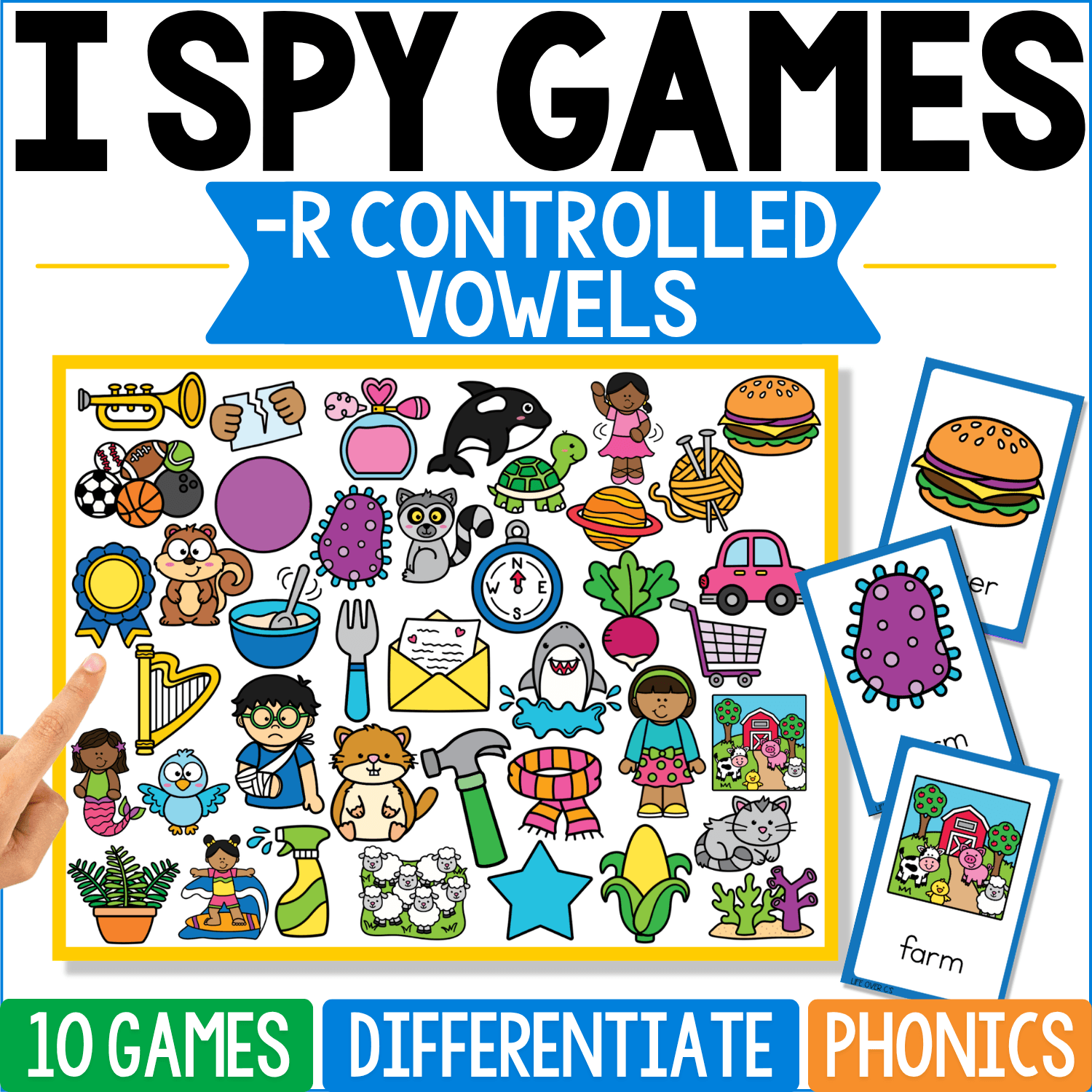 R-Controlled Vowels I Spy phonics cover filled with illustrated word clues such as burger, fork, turtle, corn, car, star, scarf, and farm, with labeled “burger” and “farm” cards demonstrating bossy R sound practice.