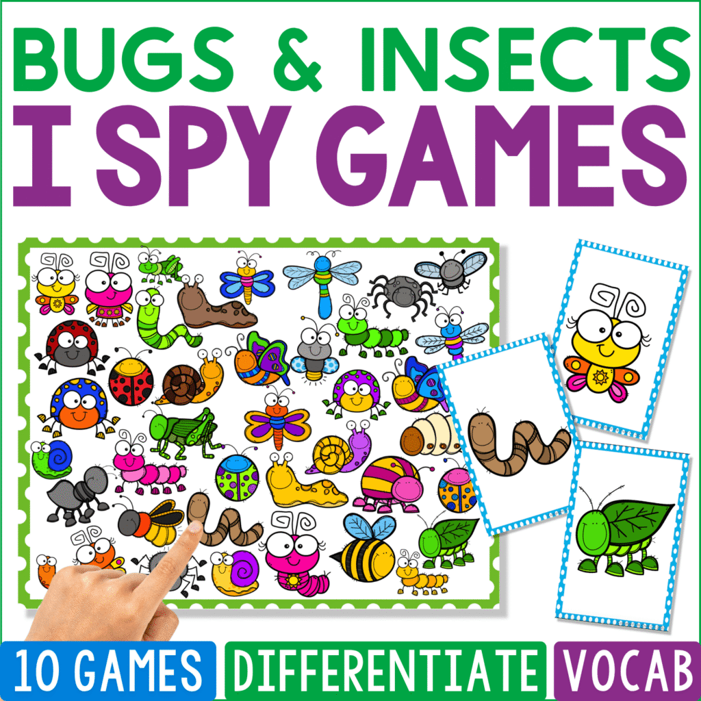 Bugs & Insects I Spy Games cover is crawling with brightly colored caterpillars, bees, ladybugs, ants, dragonflies, beetles, butterflies, snails, spiders, grasshoppers, and worms, with individual bee, worm, and green insect cards.