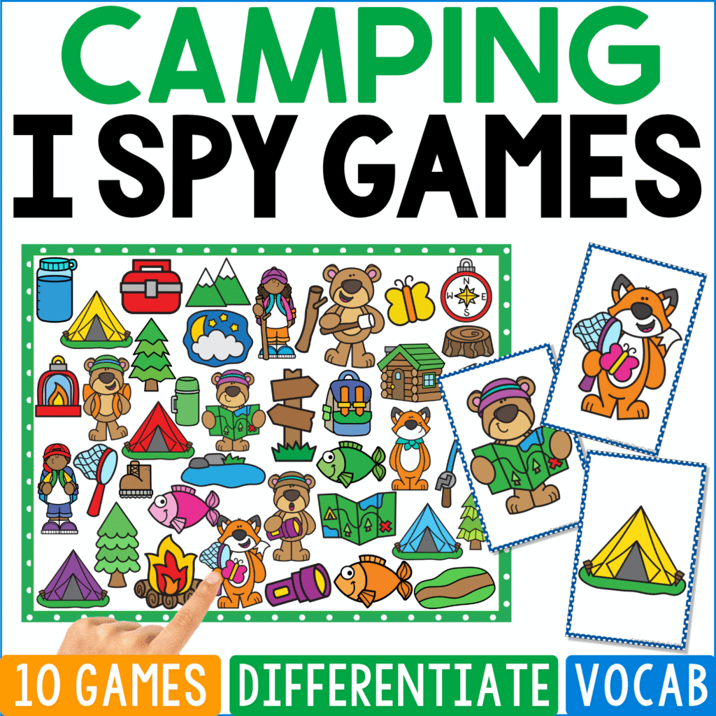 Camping I Spy Games cover creates an outdoor adventure scene with tents, backpacks, campfires, sleeping bags, hikers, cabins, compasses, signs, trees, mountains, canoes, flashlights, and woodland animals, plus fox and tent clue cards.