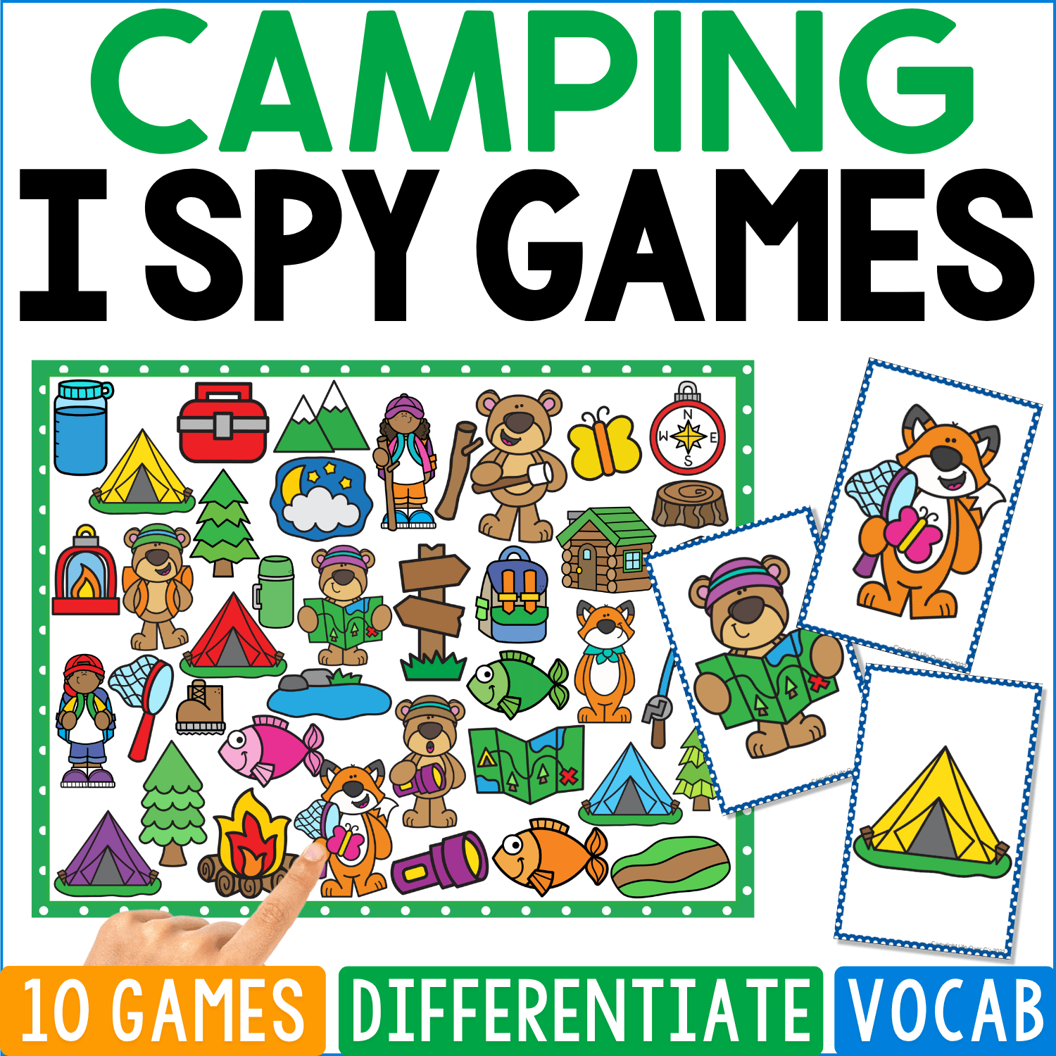 Camping I Spy Games cover creates an outdoor adventure scene with tents, backpacks, campfires, sleeping bags, hikers, cabins, compasses, signs, trees, mountains, canoes, flashlights, and woodland animals, plus fox and tent clue cards.