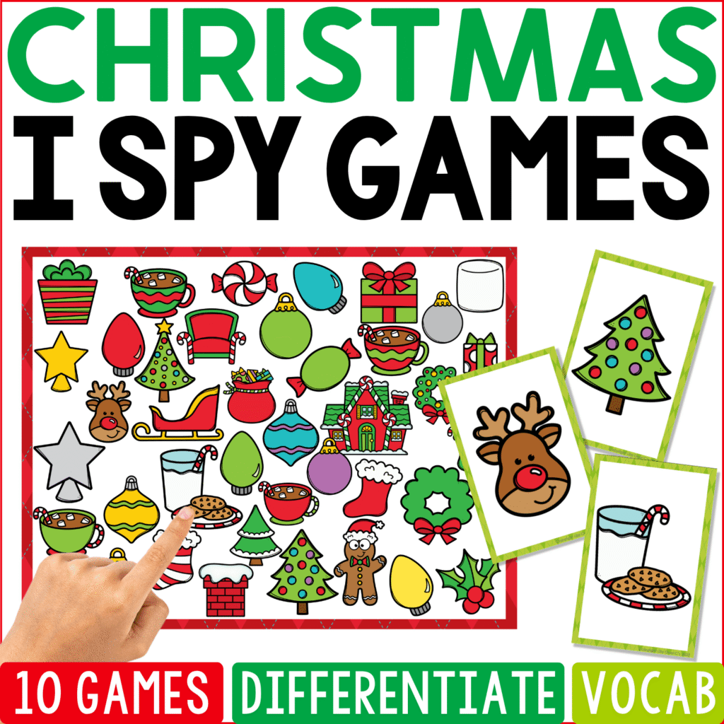 Christmas I Spy Games cover uses a red-and-green search board filled with ornaments, stockings, Christmas trees, wreaths, presents, reindeer, gingerbread, candy, stars, sleighs, and holiday treats, with tree and milk-and-cookies cards.