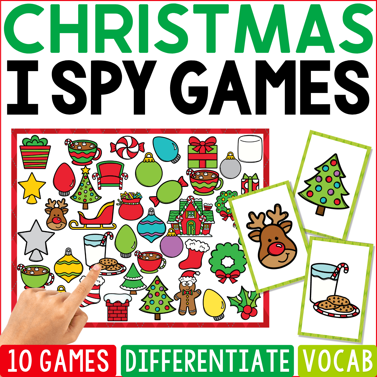 Christmas I Spy Games cover uses a red-and-green search board filled with ornaments, stockings, Christmas trees, wreaths, presents, reindeer, gingerbread, candy, stars, sleighs, and holiday treats, with tree and milk-and-cookies cards.