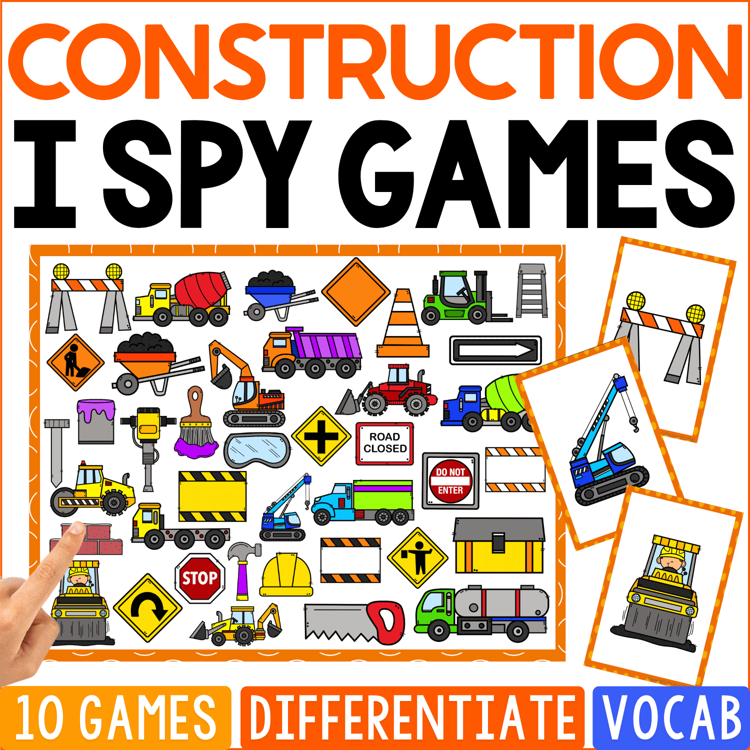 Construction I Spy Games cover is packed with excavators, cranes, dump trucks, cement trucks, bulldozers, cones, barricades, hard hats, road signs, shovels, and work-zone equipment, with crane and paving-machine cards beside the board.