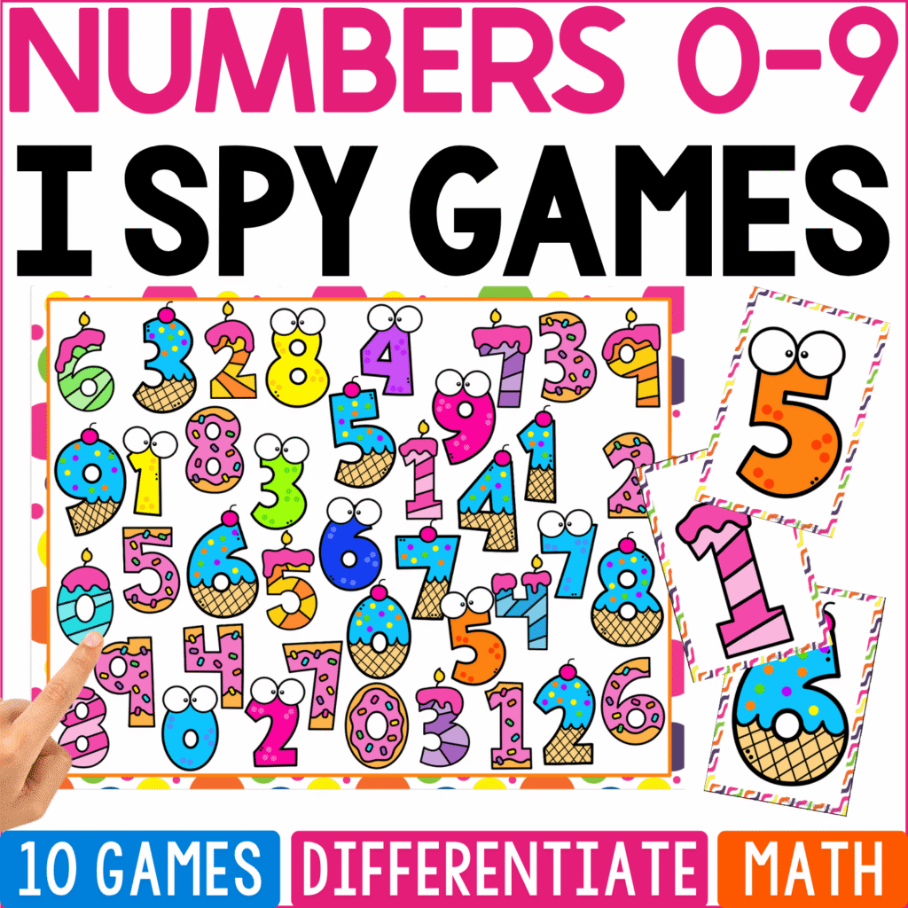 Numbers 0-9 I Spy Games cover features repeated numerals in whimsical patterns, faces, stripes, polka dots, and bright colors, challenging preschool and kindergarten children to visually distinguish the same digits in many different designs.