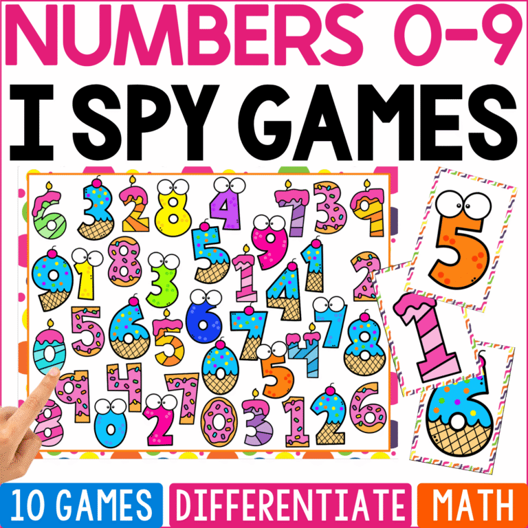 Numbers 0-9 I Spy Games cover features repeated numerals in whimsical patterns, faces, stripes, polka dots, and bright colors, challenging preschool and kindergarten children to visually distinguish the same digits in many different designs.