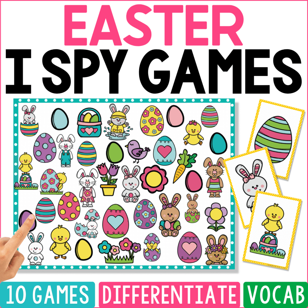 Easter I Spy Games cover displays patterned eggs in dozens of colors alongside bunnies, chicks, flowers, carrots, Easter baskets, and spring characters, with a striped egg, bunny, and chick-in-basket card extending from the board.