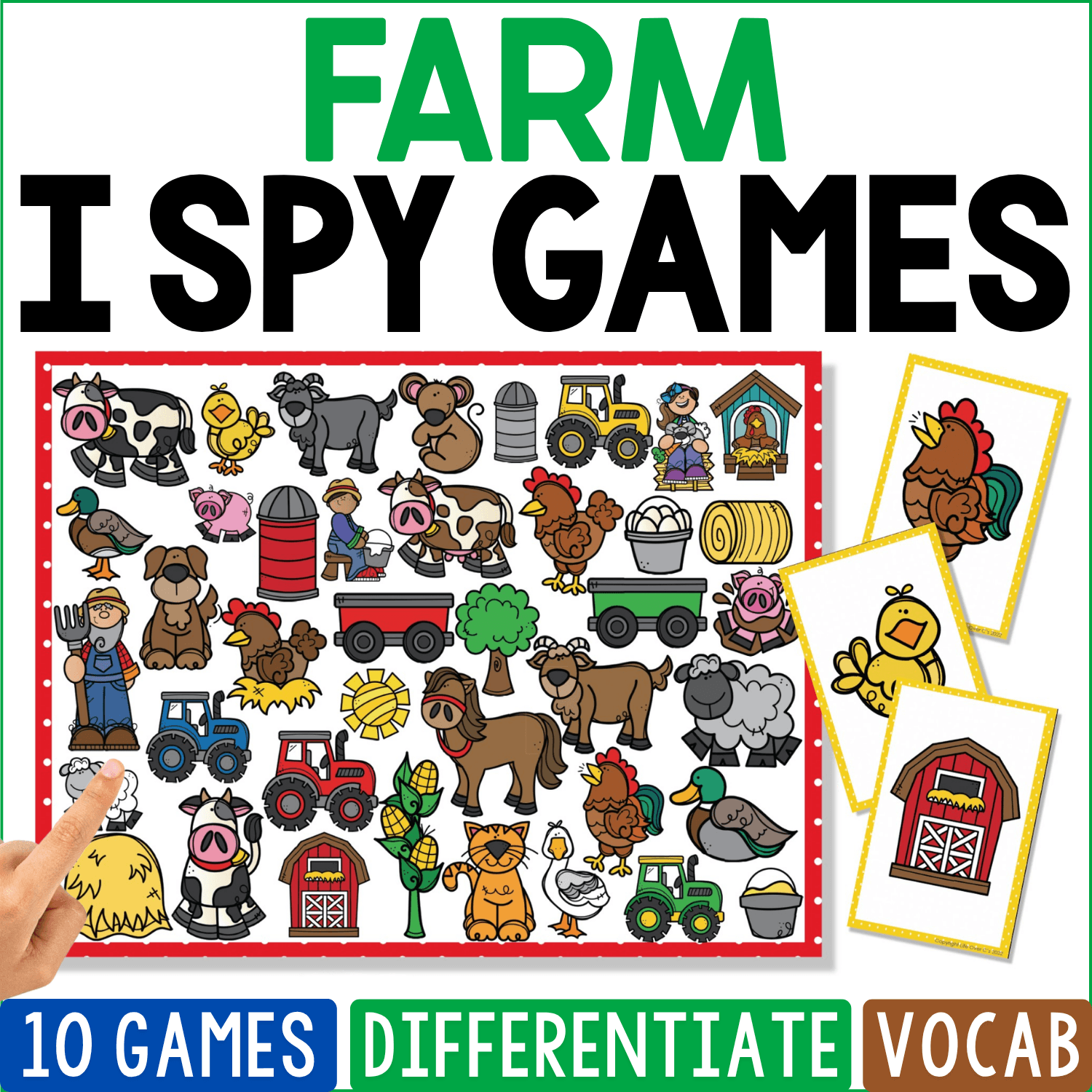 Farm I Spy Games cover crowds pigs, cows, horses, goats, chickens, sheep, turkeys, tractors, barns, hay bales, fences, farm trucks, and farmers together, with rooster, chick, and red barn cards along the side.