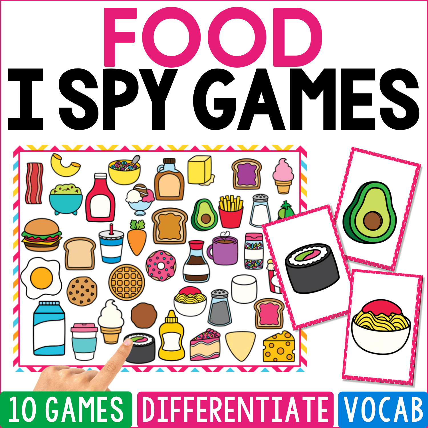Food I Spy Games cover looks like a child-friendly pantry and lunch spread with avocado, burger, bacon, toast, egg, fries, cereal, cheese, milk, cookies, waffles, mustard, drinks, sushi, and a bowl of chips.
