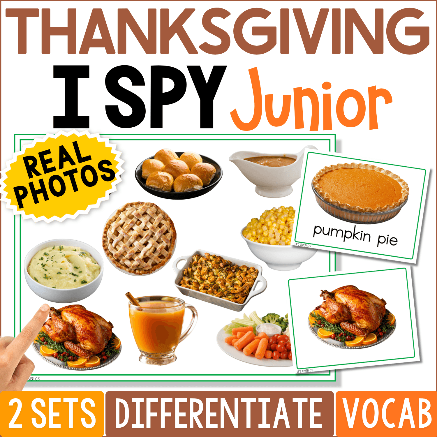 Thanksgiving I Spy Junior board game cover featuring real photos of pumpkin pie, turkey, stuffing, rolls, apple cider, gravy, corn, apple pie, mashed potatoes, and a vegetable tray. The preschool vocabulary and visual discrimination game highlights 2 sets, differentiation options, and real-photo Thanksgiving food matching for 3-4 year olds.
