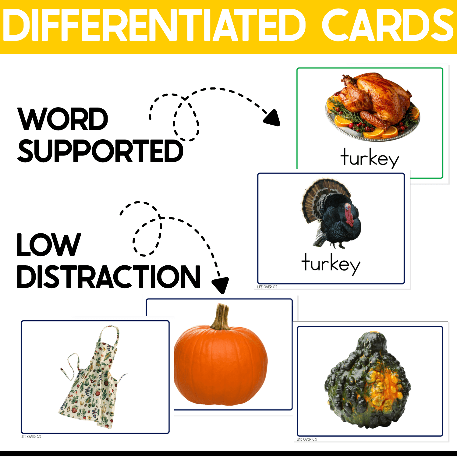 Differentiated Thanksgiving I Spy Junior picture cards demonstrating two levels of support. Word-supported cards pair real photos of cooked and live turkeys with the word “turkey,” while low-distraction cards isolate a pie server, orange pumpkin, and decorative gourd on simple white backgrounds for easier visual discrimination and matching.