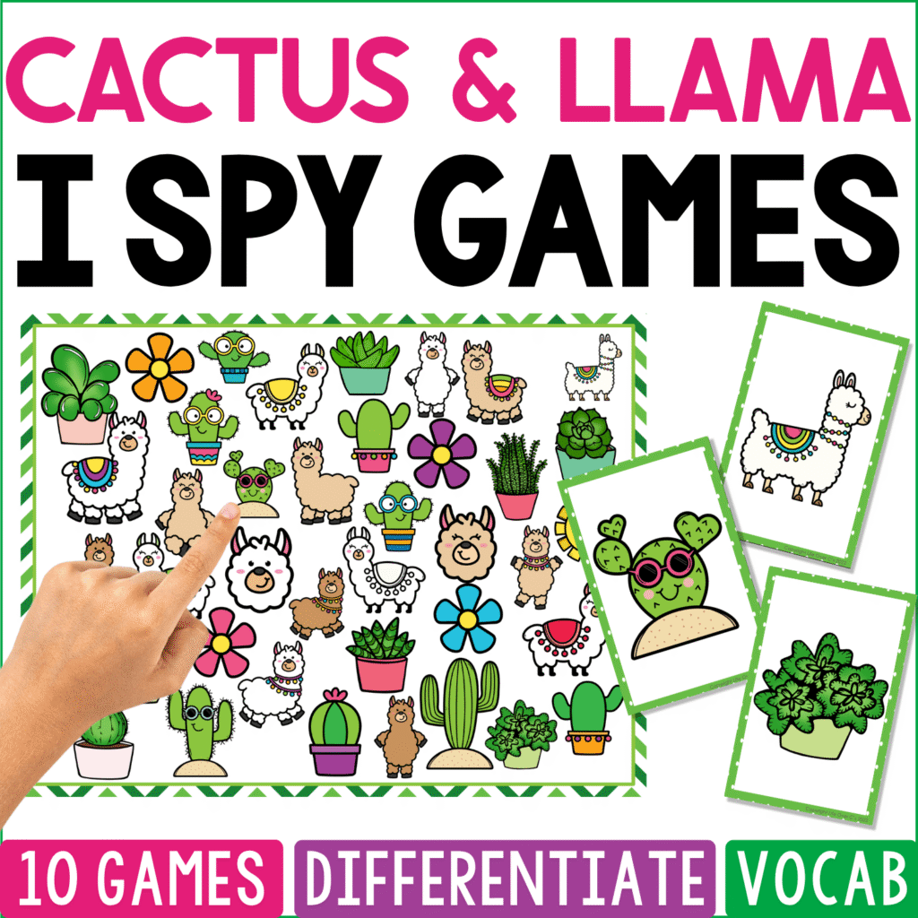 Cactus & Llama I Spy Games cover pairs whimsical llamas in different poses and outfits with potted cacti, succulents, flowers, leafy plants, and desert decorations, including a decorated llama and green succulent on separate cards.