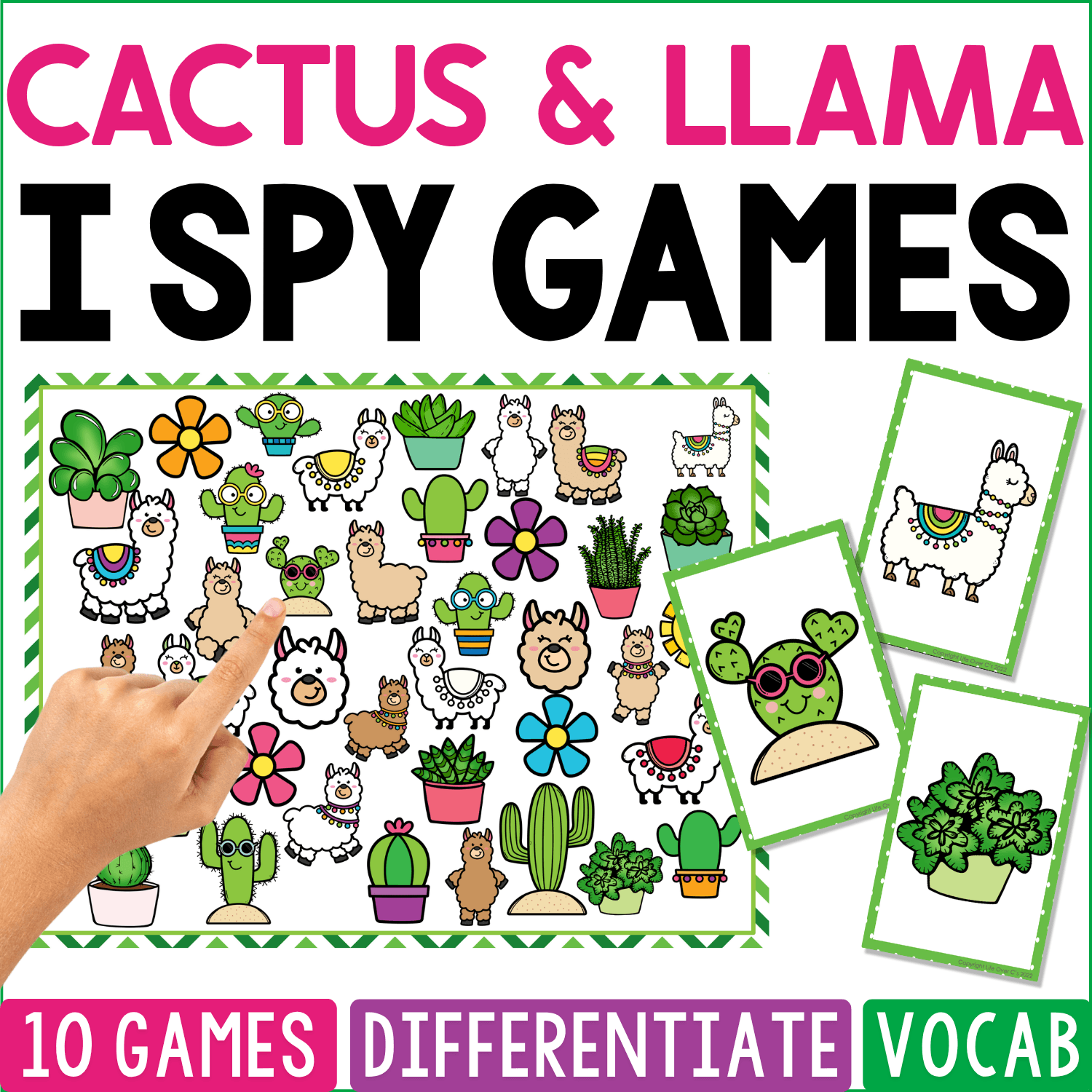 Cactus & Llama I Spy Games cover pairs whimsical llamas in different poses and outfits with potted cacti, succulents, flowers, leafy plants, and desert decorations, including a decorated llama and green succulent on separate cards.
