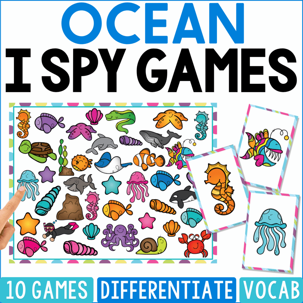 Ocean I Spy Games cover fills an underwater search board with seahorses, jellyfish, sharks, whales, dolphins, octopuses, crabs, starfish, shells, tropical fish, sea snails, coral, and aquatic plants.