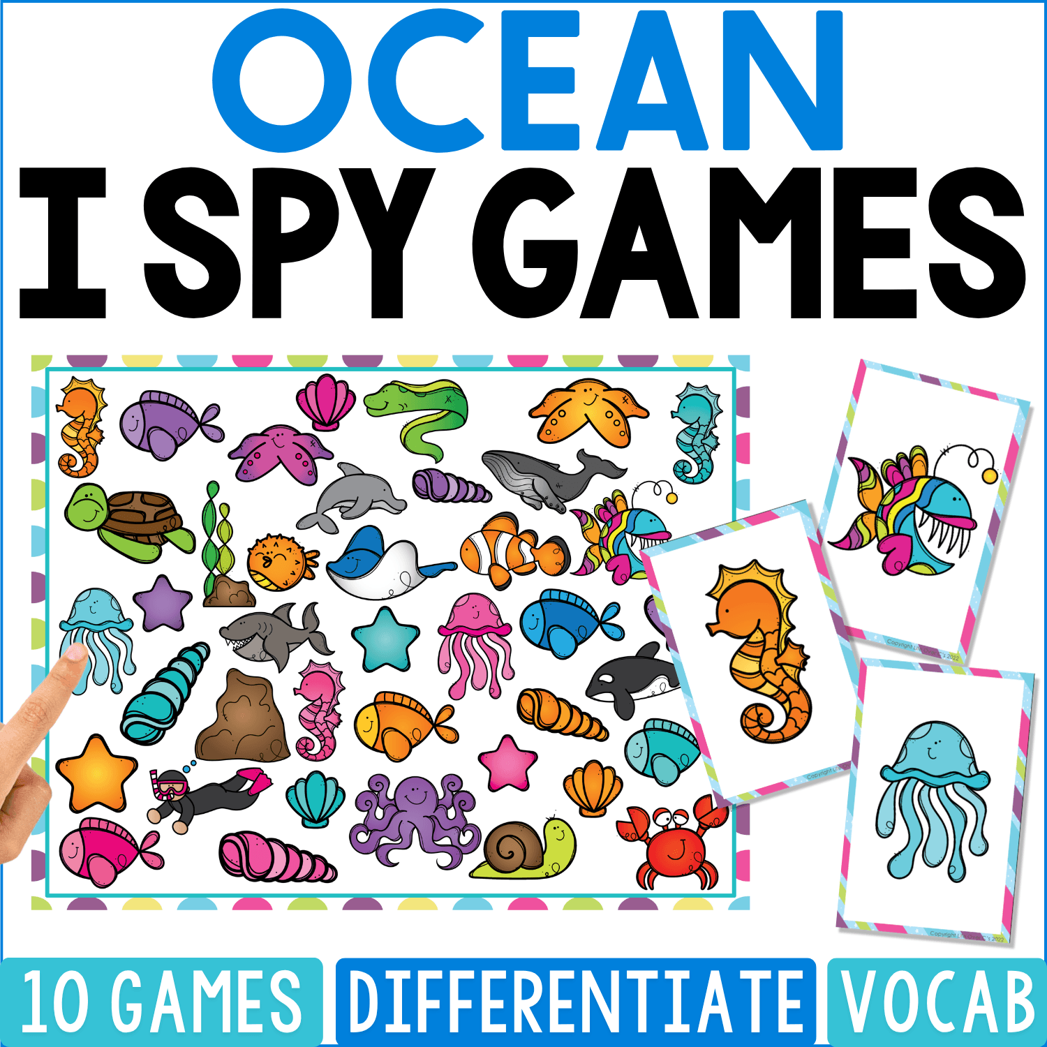 Ocean I Spy Games cover fills an underwater search board with seahorses, jellyfish, sharks, whales, dolphins, octopuses, crabs, starfish, shells, tropical fish, sea snails, coral, and aquatic plants.