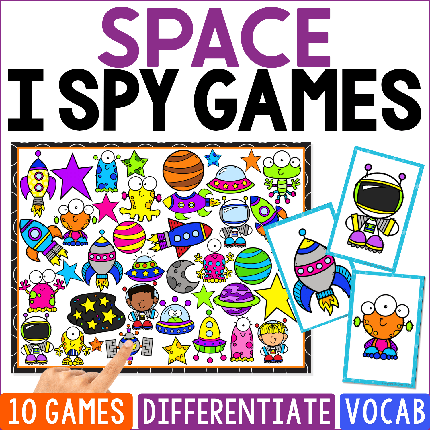 Space I Spy Games cover explodes with cartoon rockets, planets, aliens, astronauts, UFOs, stars, moons, satellites, and colorful spacecraft, including astronaut and alien clue cards beside the crowded outer-space board.