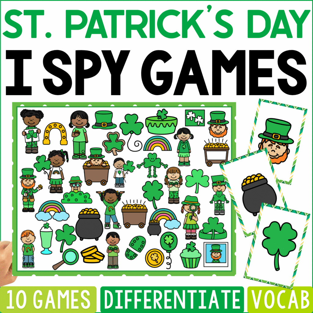 St. Patrick’s Day I Spy Games cover features leprechauns, shamrocks, pots of gold, rainbows, green hats, horseshoes, coins, green drinks, and festive children, with leprechaun, pot-of-gold, and clover cards.