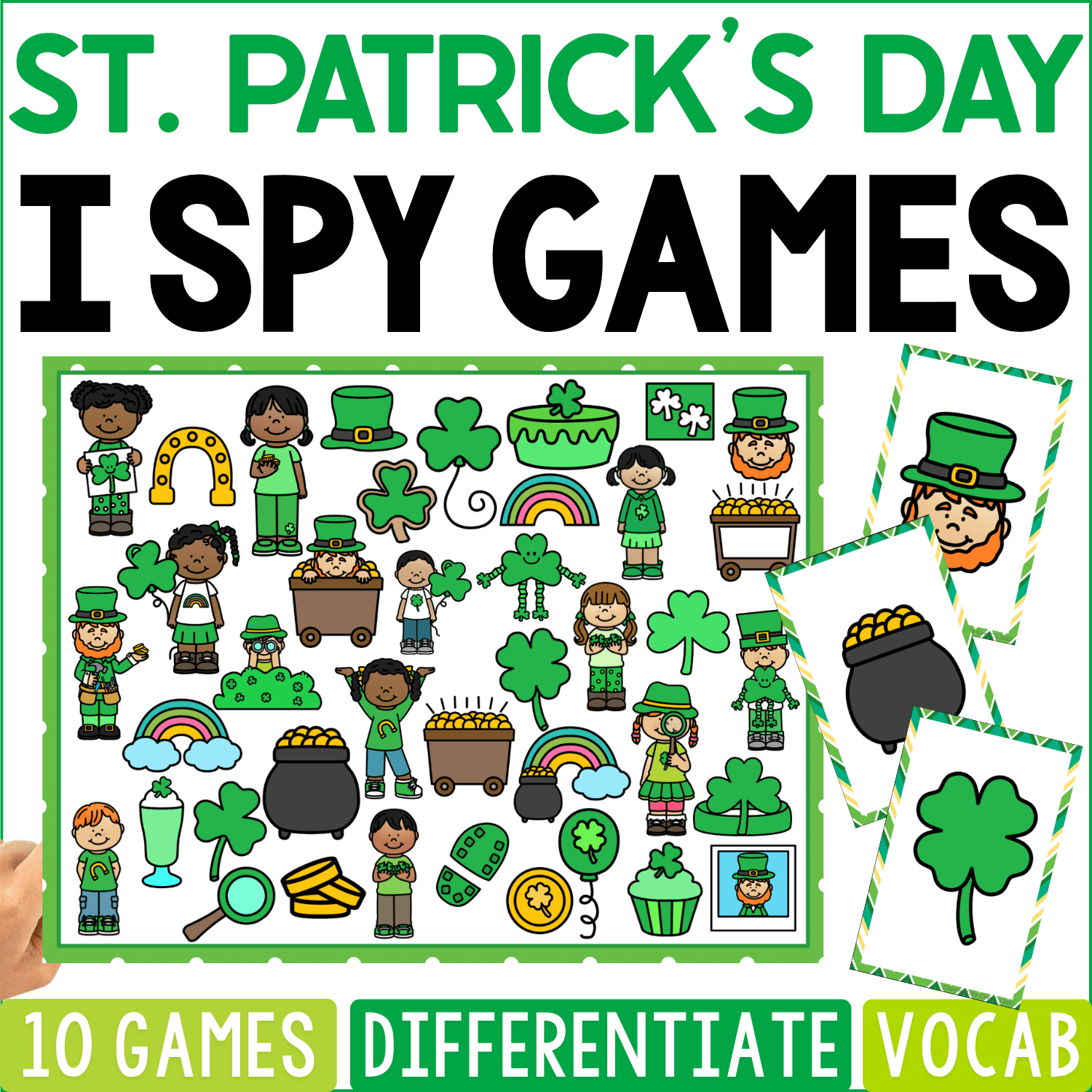 St. Patrick’s Day I Spy Games cover features leprechauns, shamrocks, pots of gold, rainbows, green hats, horseshoes, coins, green drinks, and festive children, with leprechaun, pot-of-gold, and clover cards.