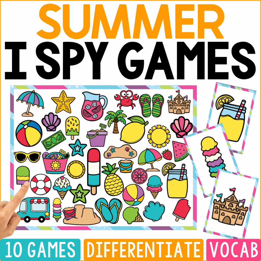 Summer I Spy Games cover is packed with beach and warm-weather pictures including sandcastles, lemonade, popsicles, sunglasses, flip-flops, watermelon, beach balls, sunscreen, umbrellas, seashells, tropical fruit, and an ice cream truck.