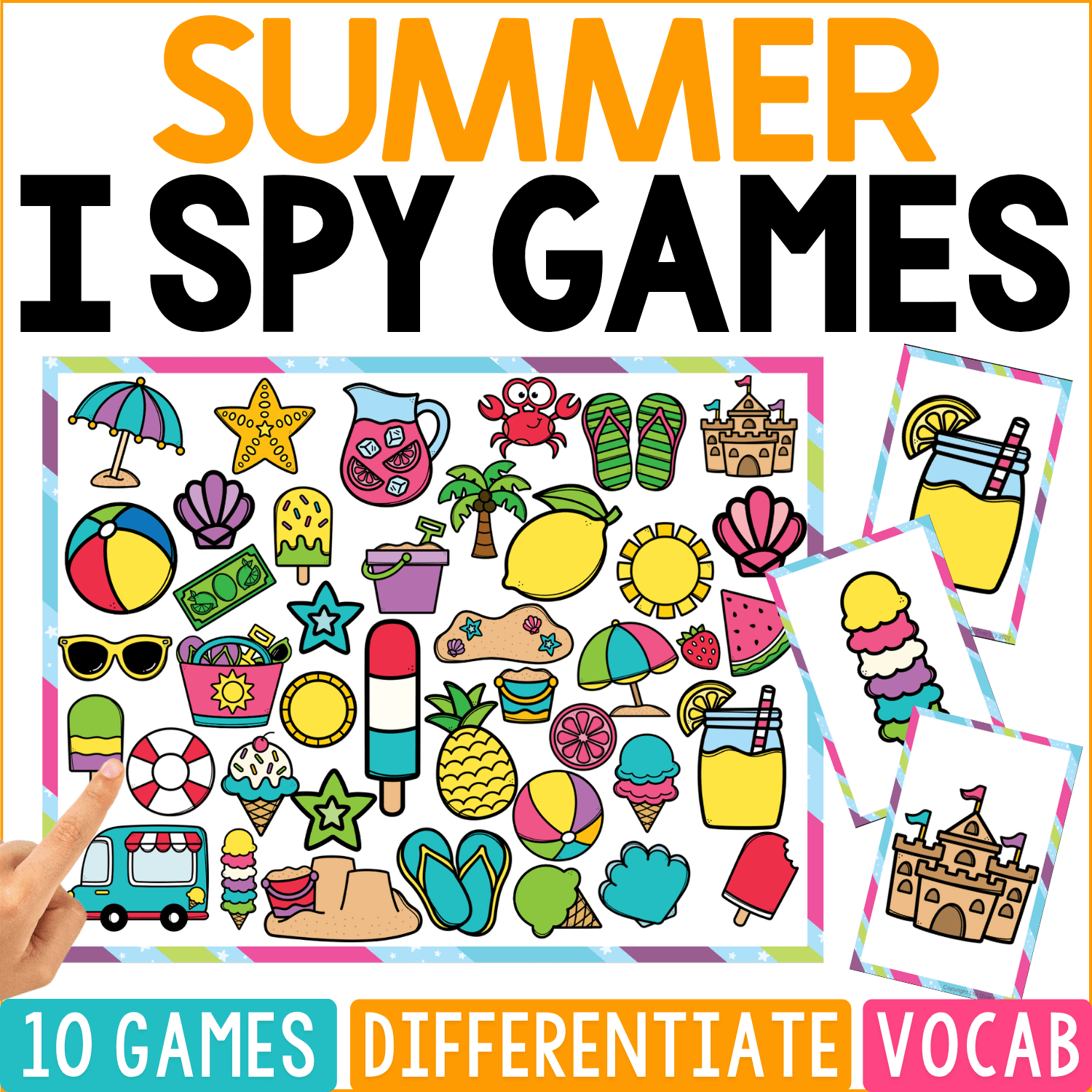 Summer I Spy Games cover is packed with beach and warm-weather pictures including sandcastles, lemonade, popsicles, sunglasses, flip-flops, watermelon, beach balls, sunscreen, umbrellas, seashells, tropical fruit, and an ice cream truck.
