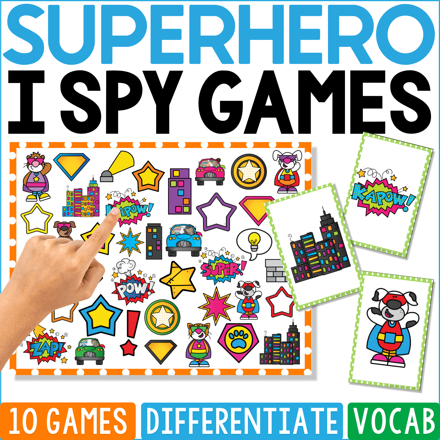 Superhero I Spy Games cover uses a comic-book style board filled with caped heroes, masks, city skylines, stars, shields, lightning bolts, speech bursts reading POW, ZAP, and KAPOW, and colorful superhero emblems.
