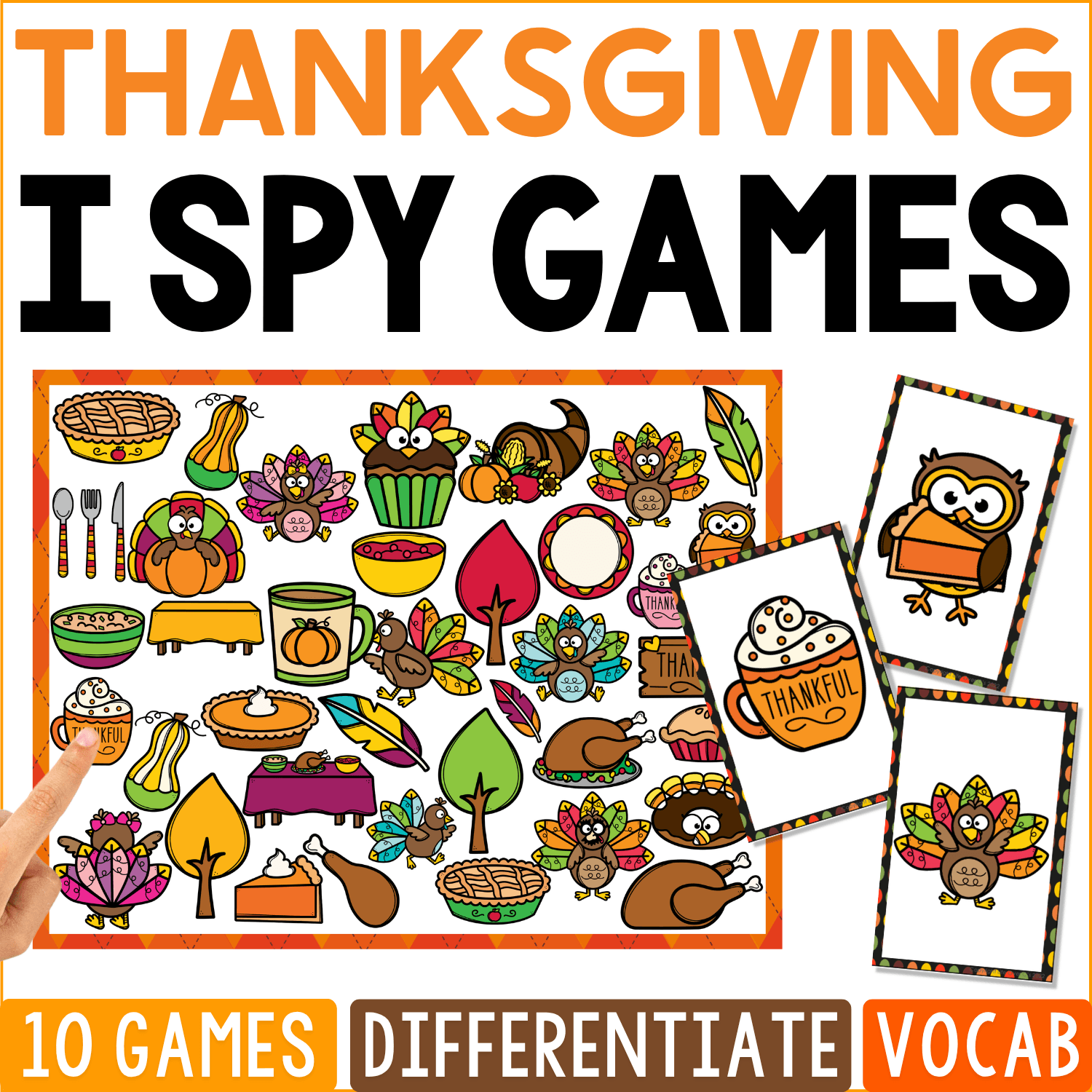 Thanksgiving I Spy Games cover combines roast turkey, pumpkin pie, cornucopias, fall leaves, squash, acorns, grateful characters, owls, pumpkins, place settings, and harvest foods in a warm autumn search board.