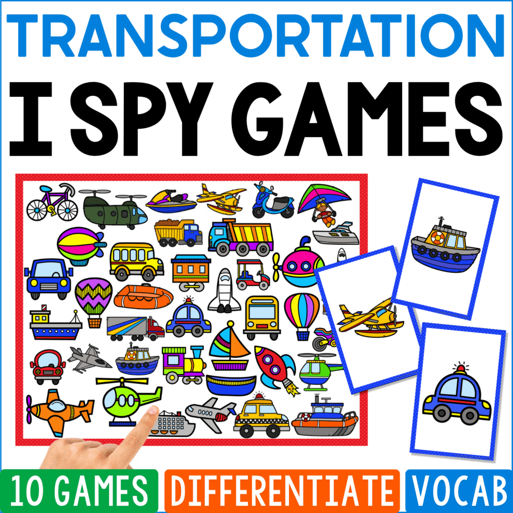 Transportation I Spy Games cover crams land, air, and water vehicles together, including bicycles, buses, trains, cars, helicopters, airplanes, rockets, sailboats, submarines, hot-air balloons, motorcycles, trucks, and ships.