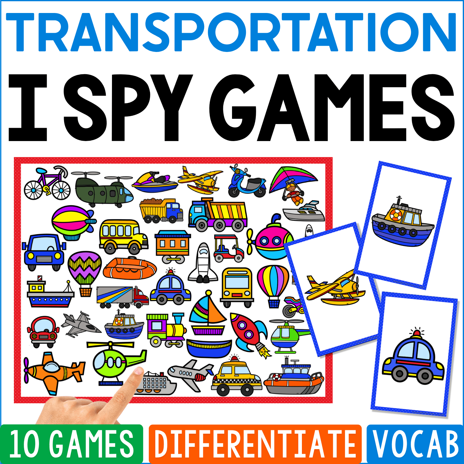 Transportation I Spy Games cover crams land, air, and water vehicles together, including bicycles, buses, trains, cars, helicopters, airplanes, rockets, sailboats, submarines, hot-air balloons, motorcycles, trucks, and ships.