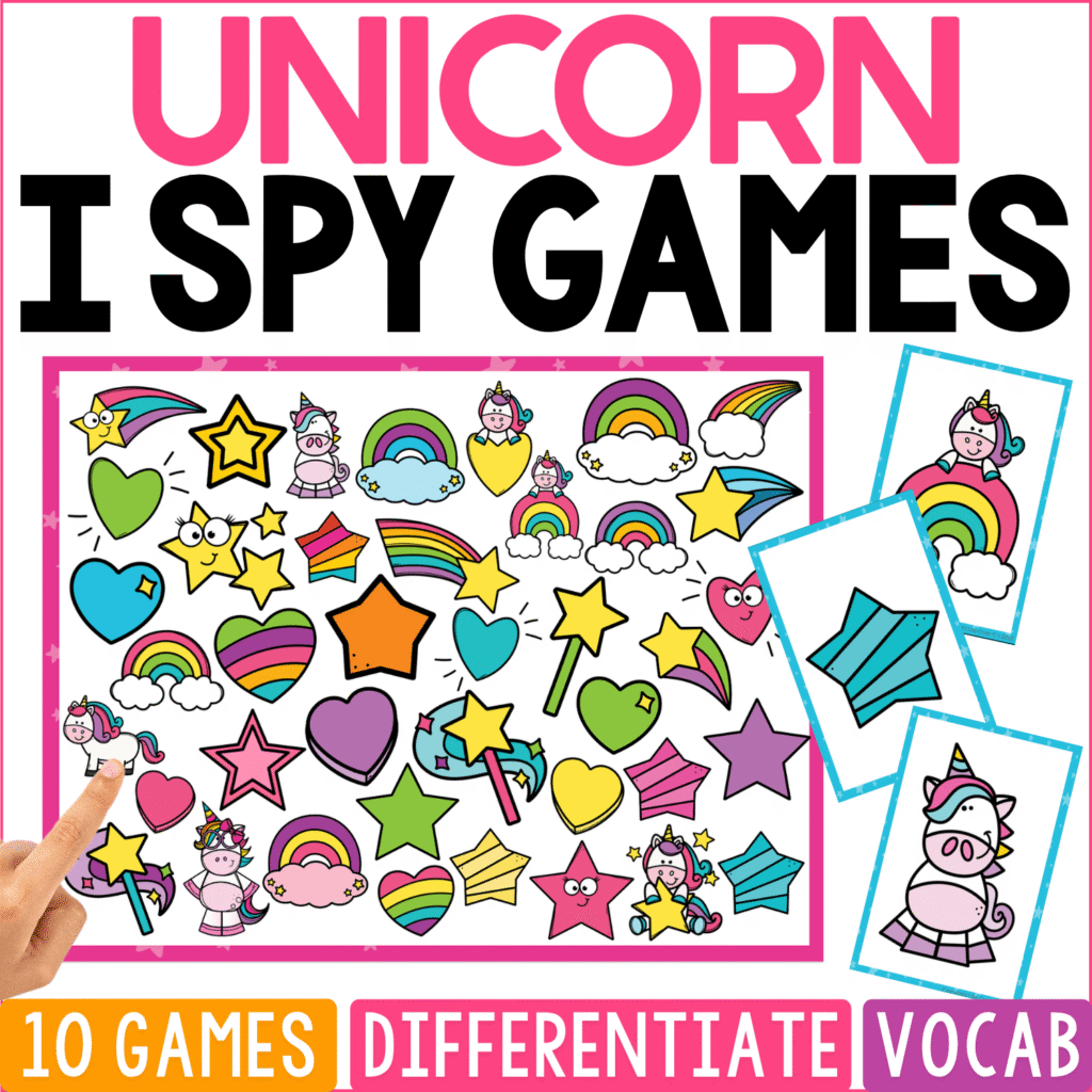 Unicorn I Spy Games cover combines small pastel unicorns with rainbows, clouds, hearts, stars, colorful geometric shapes, and striped designs, with a unicorn sitting on a cloud and another bundled in pink shown on side cards.