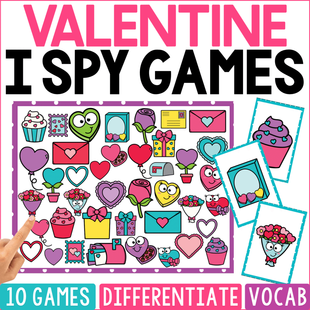 Valentine I Spy Games cover is filled with hearts in different colors and patterns alongside cupcakes, roses, envelopes, Valentine cards, gifts, flowers, candy, love-themed characters, and mail, with cupcake and bouquet cards featured.