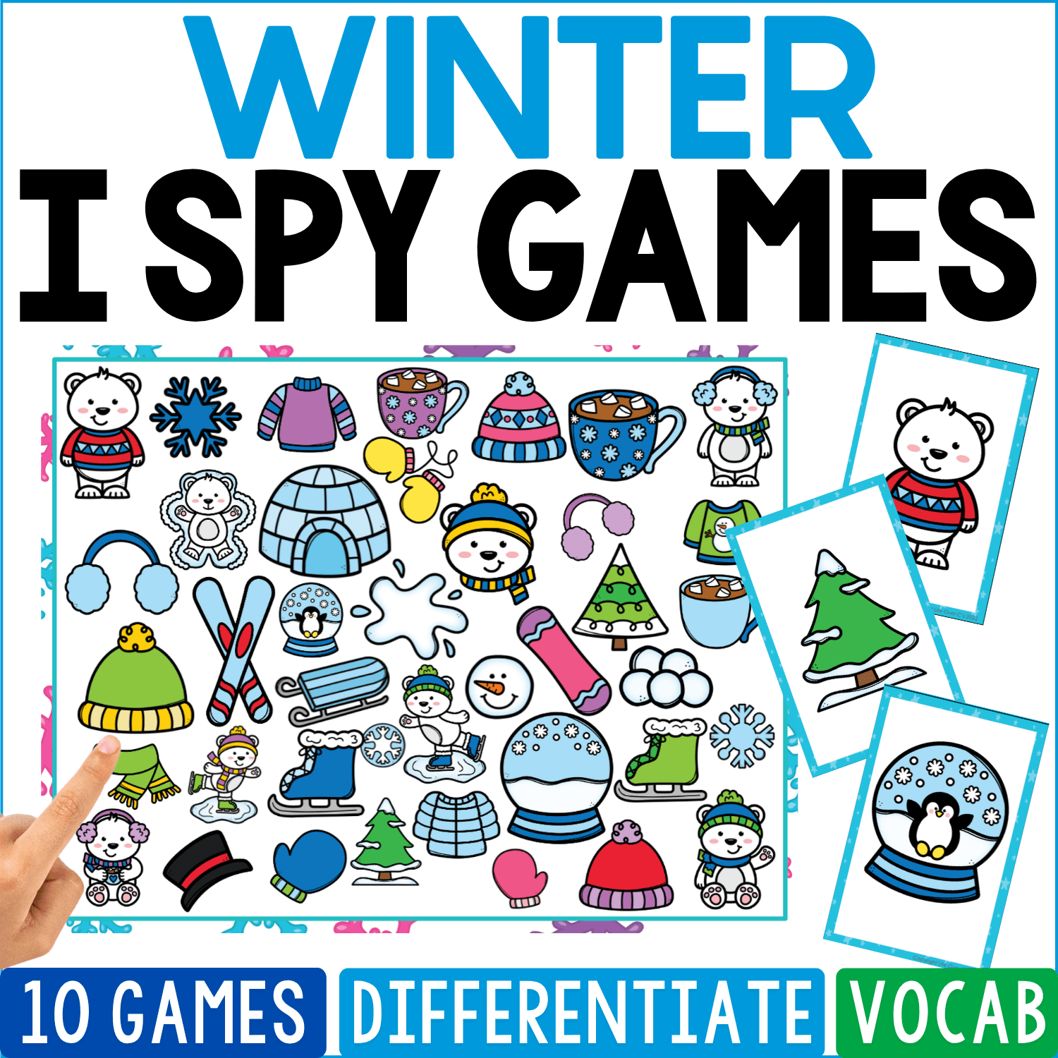 Winter I Spy Games cover combines snowmen, skis, sleds, igloos, hats, mittens, sweaters, boots, snow globes, hot drinks, snowflakes, scarves, and bundled children, with a winter tree and snow globe pictured on separate cards.