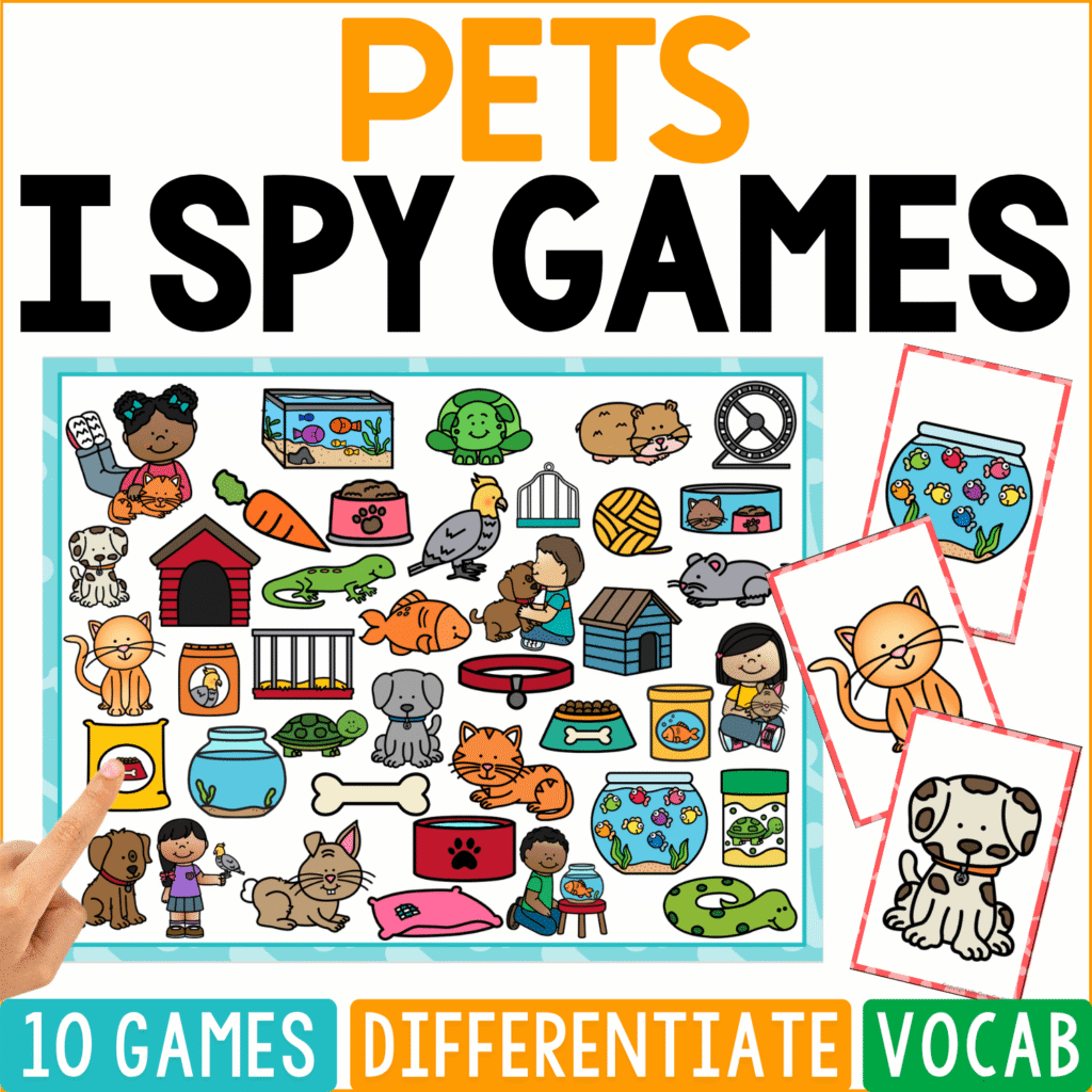 Pets I Spy Games cover shows the everyday world of caring for pets with dogs, cats, fish, turtles, hamsters, birds, cages, aquariums, food bowls, treats, beds, toys, yarn, bones, and children feeding or holding animals.