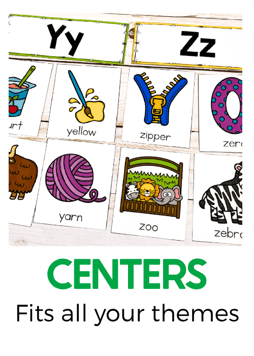 Alphabet learning centers featuring uppercase and lowercase letter cards paired with colorful beginning sound pictures, including yarn, zipper, zoo, and yellow, for hands-on preschool literacy activities.