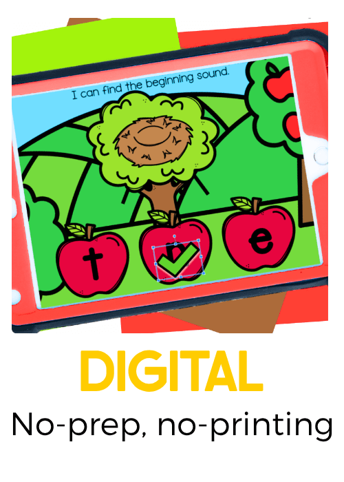 Interactive digital beginning sounds activity on a tablet featuring a bird's nest in an apple tree and three letter choices on red apples, helping preschool and kindergarten students identify initial sounds.
