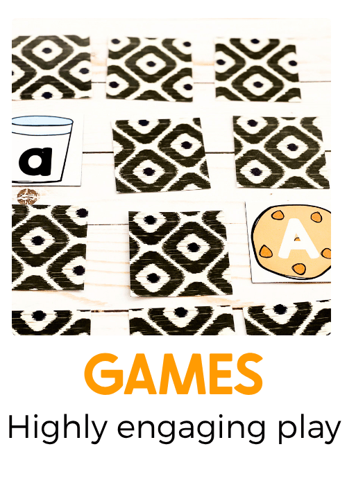 Hands-on alphabet matching game featuring patterned cards flipped over to reveal uppercase and lowercase letter pairs, including an apple and letter A, for playful preschool letter recognition practice.