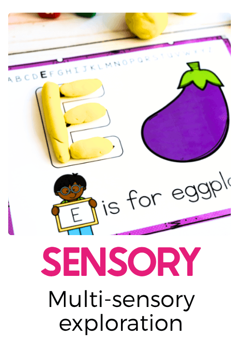 Alphabet sensory activity featuring yellow playdough shaped into an uppercase letter E beside a colorful eggplant illustration, combining letter formation, fine motor skills, and beginning sounds.