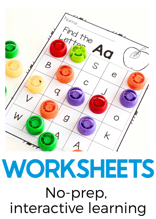 Interactive alphabet letter recognition worksheet featuring an uppercase and lowercase letter search for Aa, with colorful plastic bottle caps covering letters for hands-on preschool literacy practice.