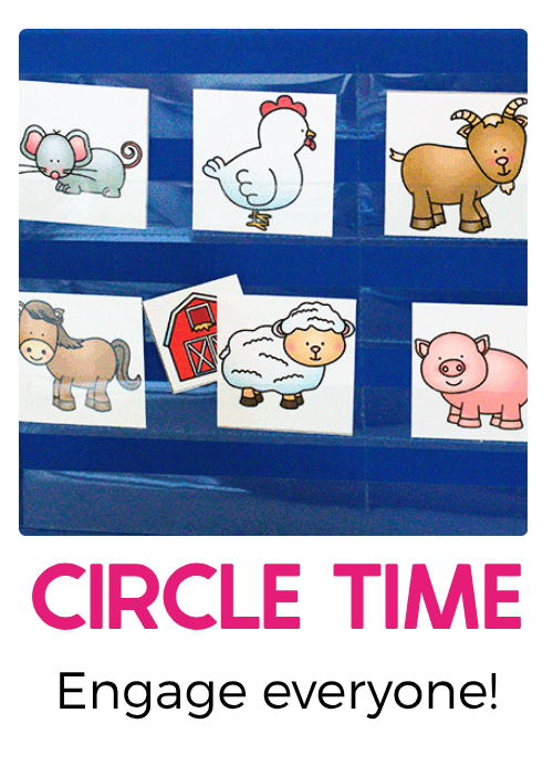 Farm animal pocket chart activity featuring colorful picture cards of a mouse, chicken, goat, horse, sheep, and pig, perfect for interactive preschool circle time games, animal vocabulary, and group learning.
